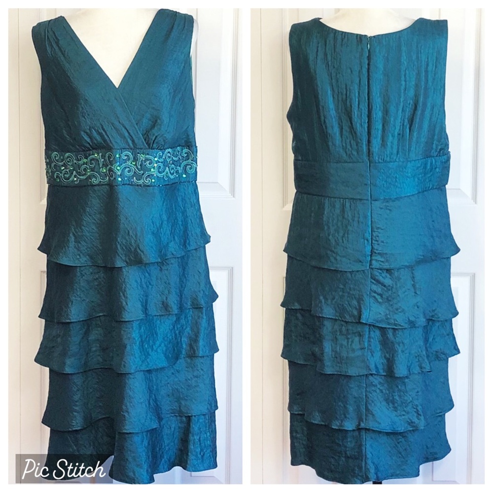 Dressbarn Collection Teal Beaded Empire Waist Tiered Ruffle Dress 14W